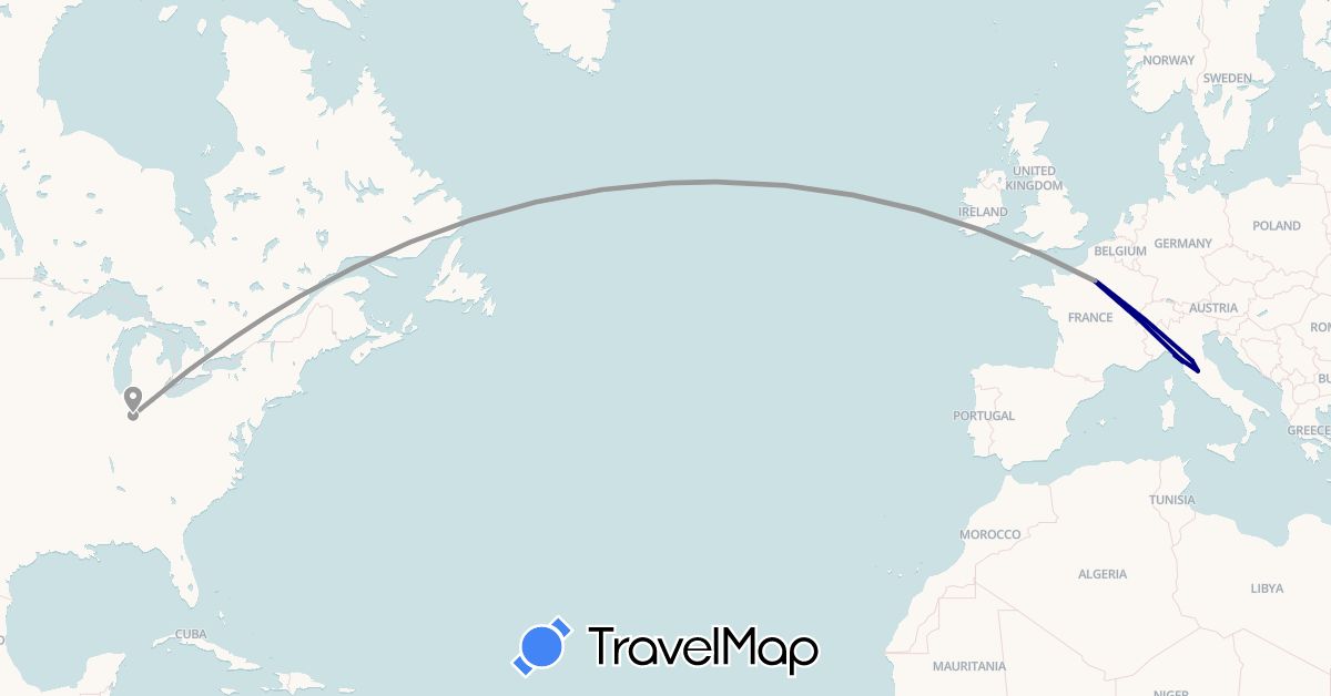 TravelMap itinerary: driving, plane in France, Italy, United States (Europe, North America)